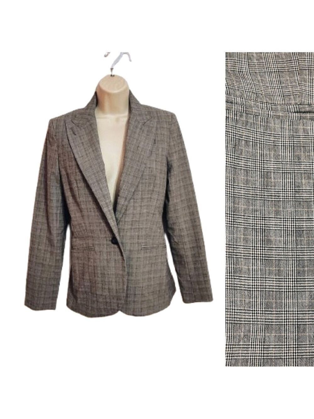 Norma Kamali Glen Plaid Blazer Jacket Black White Size 4